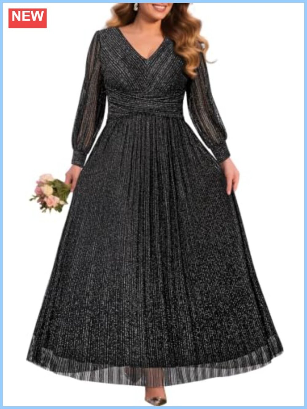 Plus Size Glitter Formal Prom Evening Dress Long Sleeve Gown